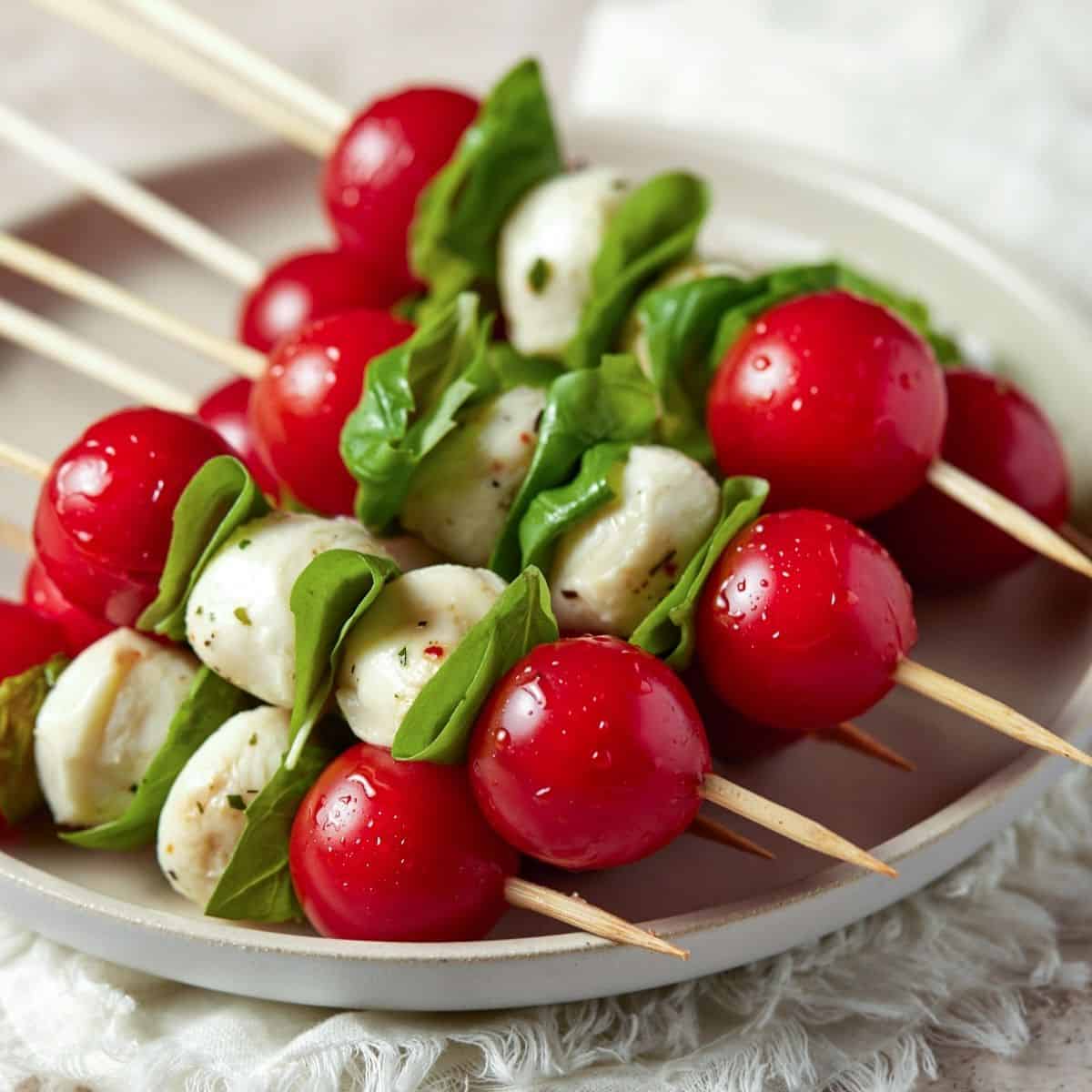 Caprese Skewers – 5 Mini Skewers of Fresh Mozzarella, Tomato & Basil